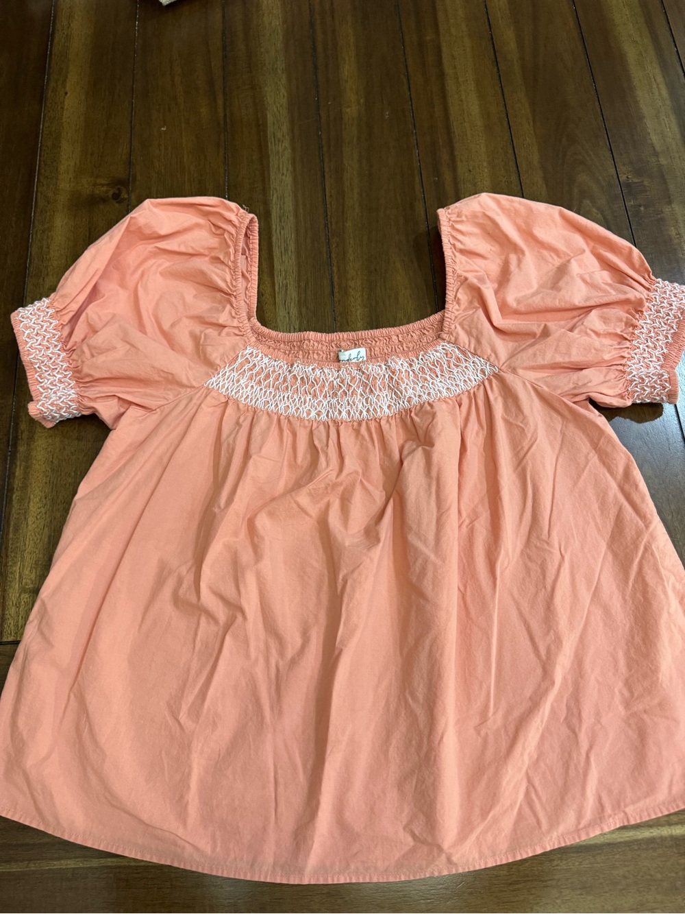 Wonderly Peach Smocked Boho Blouse Size L Square Neck Puff Sleeve